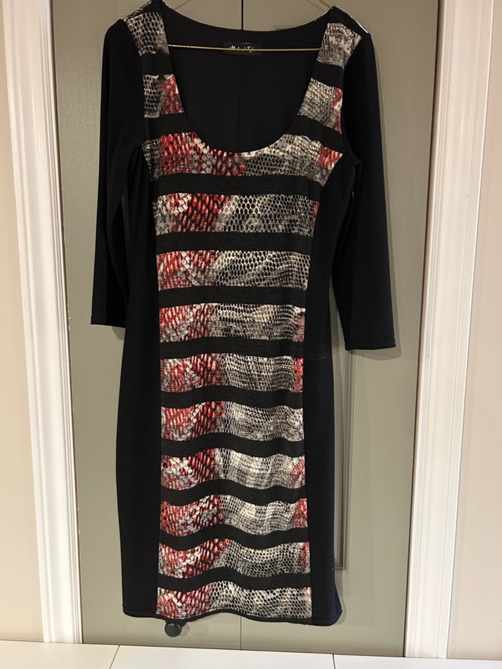 Michael Tyler Black Dress with Red & White Patterned Front Panel
